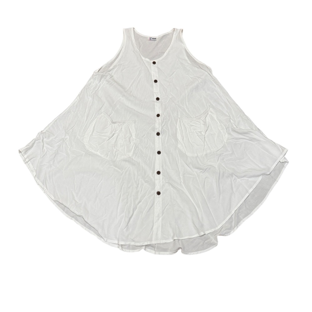 Asha White Button Front Sleeveless Tunic Beach Cover Up Oversized Pocket Top XL